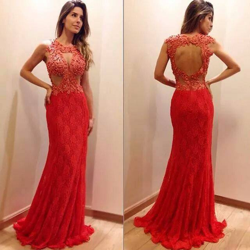 Prom Dresses- Red Lace Mermaid Prom Dresses- Open Back Prom Dress ...